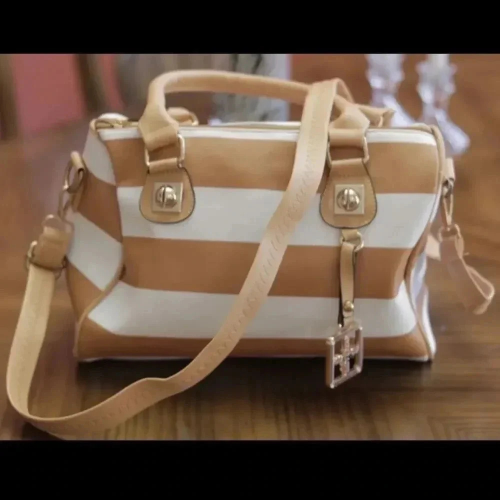 Beige and White Striped Purse